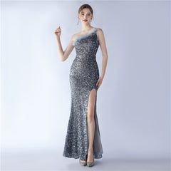Ostrich Feather One-Shoulder Sequined Maxi Dress