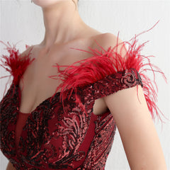 Off-Shoulder Sequined Feather Maxi Dress