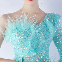 One-Shoulder Ostrich Feather Sequin Maxi Dress