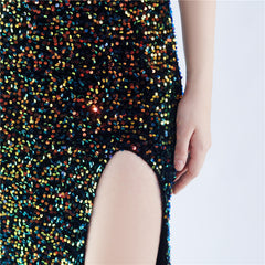 Off-Shoulder Sequin Split Maxi Dress