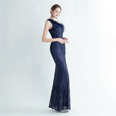 One-Shoulder Sequin Feather Maxi Dress