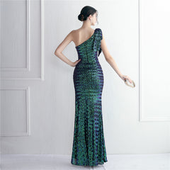 Sequined One-Shoulder Fishtail Maxi Dress