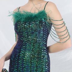 Feathered Sequin Maxi Dress