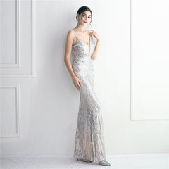 V-Neck Sequined Beaded Maxi Dress