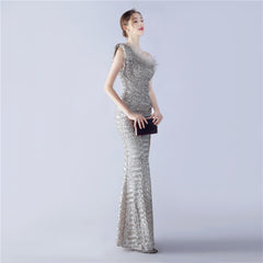 Sequined One-Shoulder Ostrich-Feather Maxi Dress
