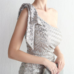 Sequined One-Shoulder Fishtail Maxi Dress
