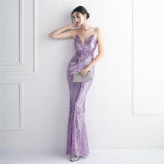 V-Neck Sequined Beaded Maxi Dress