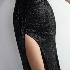 Sequin One-Shoulder Fishtail Maxi Dress