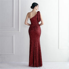Sequined One-Shoulder Fishtail Maxi Dress