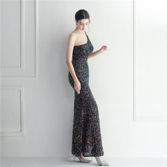 One-Shoulder Sequined Split Maxi Dress