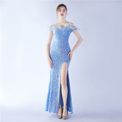 Off-Shoulder Sequin Feather Maxi Dress