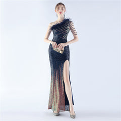 One-Shoulder Ombre Sequin Feather Dress