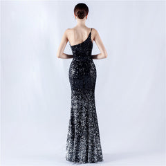 One-Shoulder Sequin Feather Maxi Dress