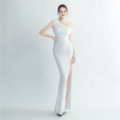 One-Shoulder Sequined Feather Maxi Dress