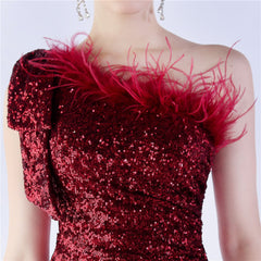 Sequined One-Shoulder Ostrich-Feather Maxi Dress