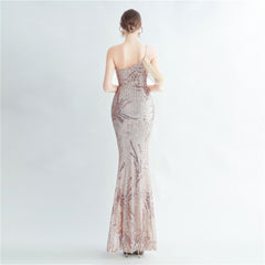 One-Shoulder Ostrich Feather Beaded Maxi Dress