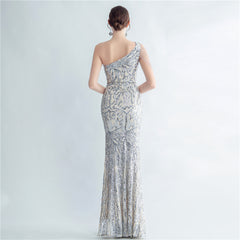 Sequined One-Shoulder Fishtail Maxi Dress