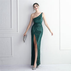 Sequin One-Shoulder Fishtail Maxi Dress