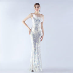 One-Shoulder Sequined Ostrich Feather Dress
