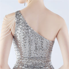 Sequin Beaded One-Shoulder Maxi Dress
