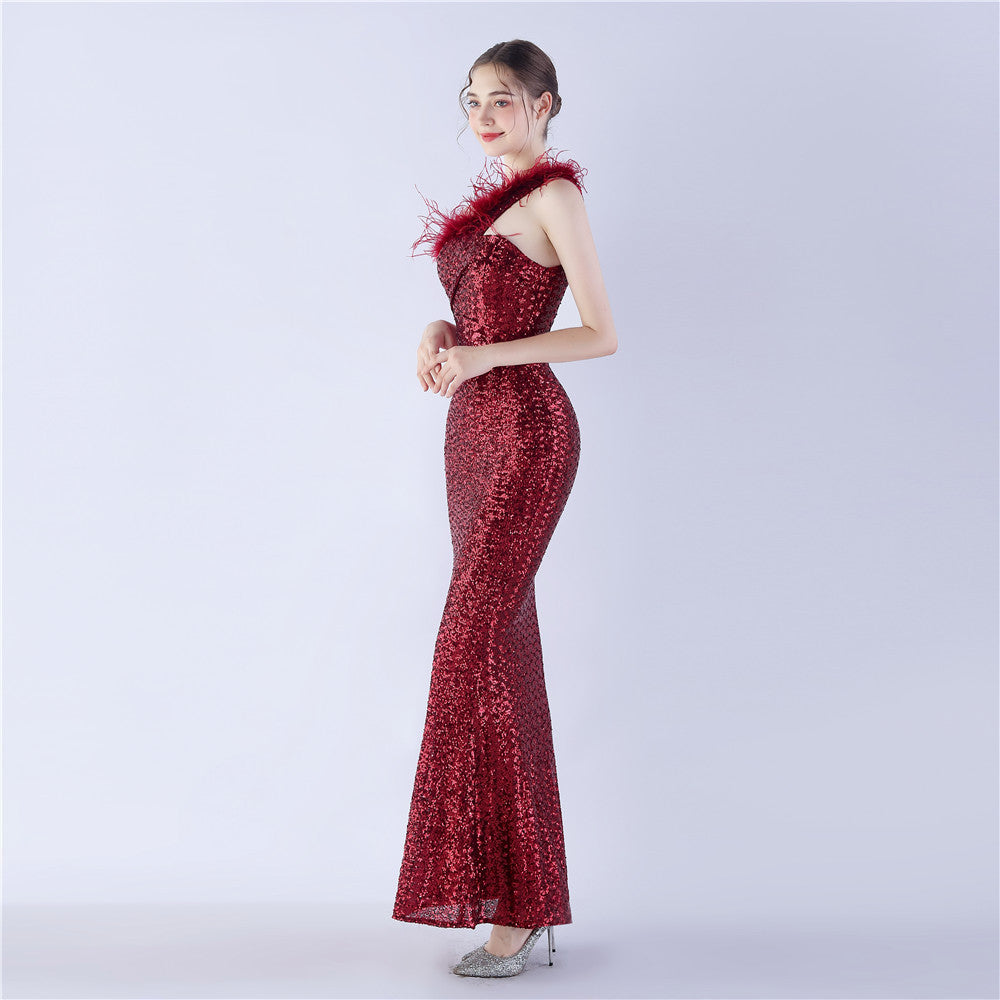 Asymmetric One-Shoulder Sequined Maxi Dress