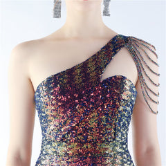 Sequin Beaded One-Shoulder Maxi Dress