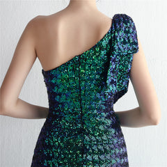 Sequined One-Shoulder Fishtail Maxi Dress