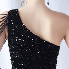 One-Shoulder Beaded Sequin Split Maxi Dress