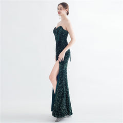 Sequin Boned Strapless Split Maxi Dress