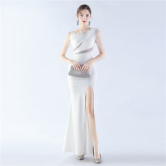 One-Shoulder Rhinestone Diagonal Collar Maxi Dress