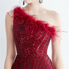 One-Shoulder Sequin Feather Maxi Dress