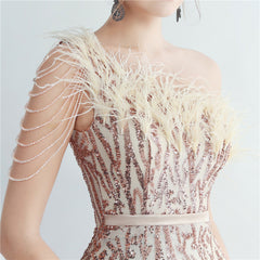 One-Shoulder Sequin Feather Maxi Dress