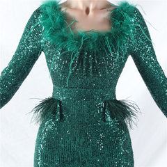 Ostrich Feather Sequin Split Maxi Dress