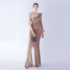 One-Shoulder Ostrich Feather Sequin Maxi Dress