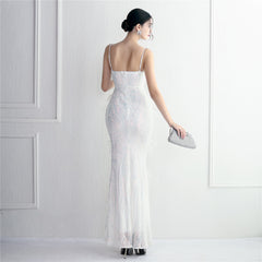 Elegant Sequin Beaded Fishtail Maxi Dress