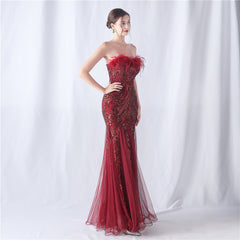 Sequined Feathered Fishtail Maxi Dress