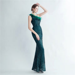 One-Shoulder Sequin Feather Maxi Dress