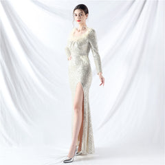 Ostrich Feather Sequin Split Maxi Dress