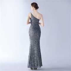 Ostrich Feather One-Shoulder Sequined Maxi Dress