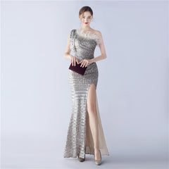 Sequined One-Shoulder Ostrich-Feather Maxi Dress