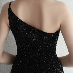 One-Shoulder Sequined Fishtail Split Maxi Dress