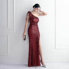 Sequined One-Shoulder Fishtail Maxi Dress