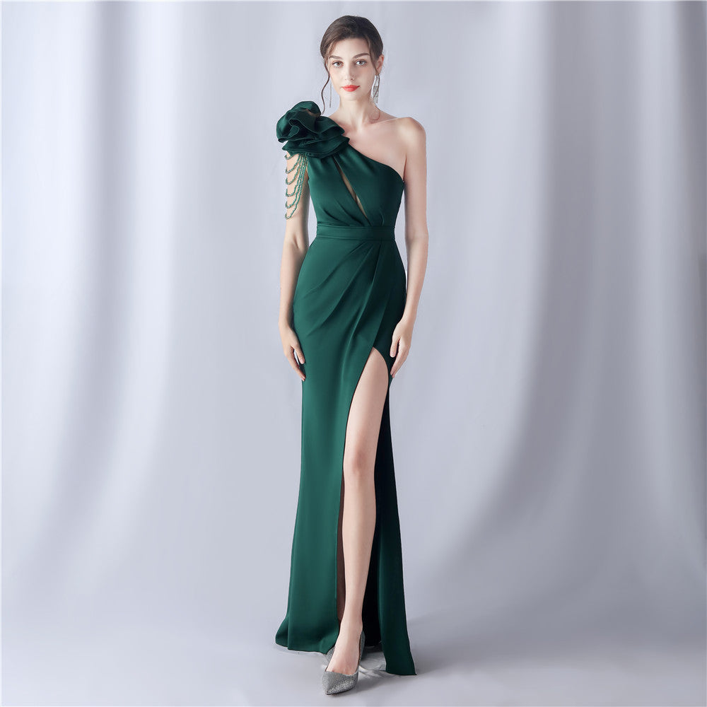 Asymmetric One-Shoulder Beaded Maxi Dress