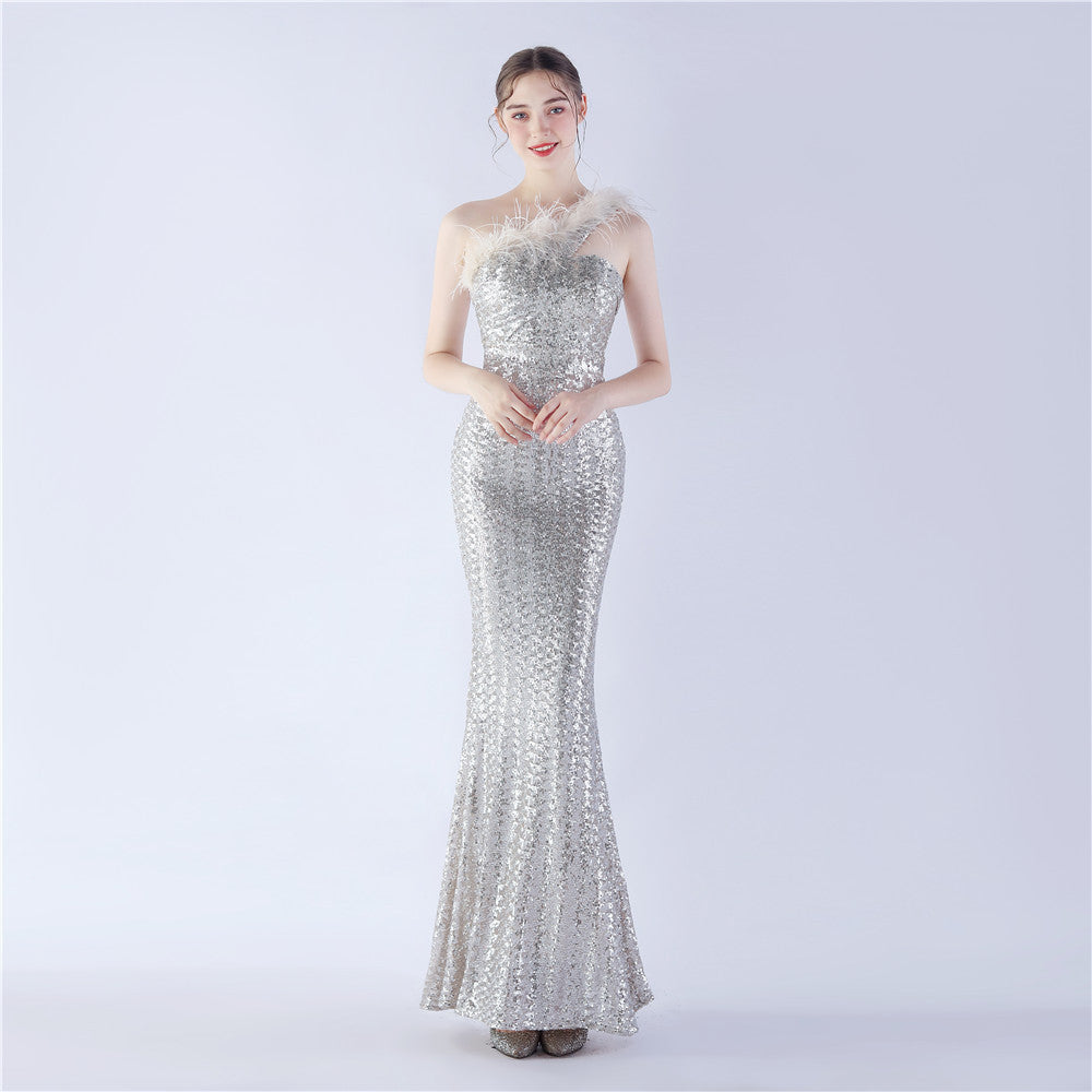 Asymmetric One-Shoulder Sequined Maxi Dress