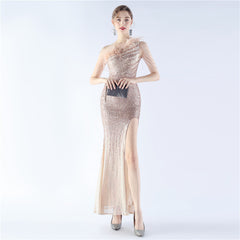 One-Shoulder Ombre Sequin Feather Dress