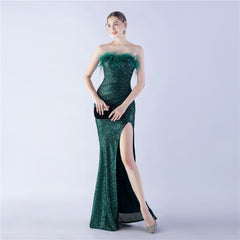 Ostrich Feather Strapless Maxi Dress
