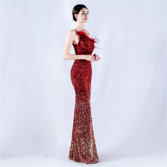 One-Shoulder Sequin Feather Maxi Dress