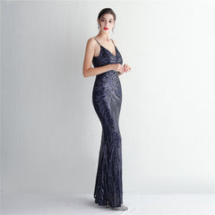 V-Neck Sequin Lace Maxi Dress