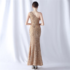 One-Shoulder Feathered Sequin Maxi Dress