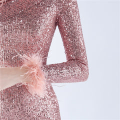 One-Shoulder Sequined Feather Dress
